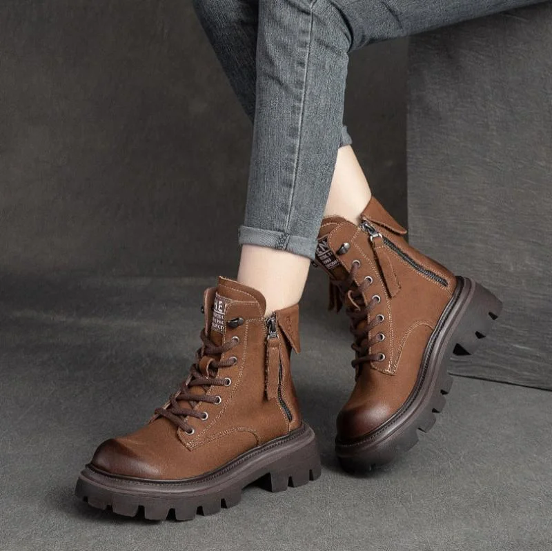 Women Retro Classic Solid Leather Work Casual Boots