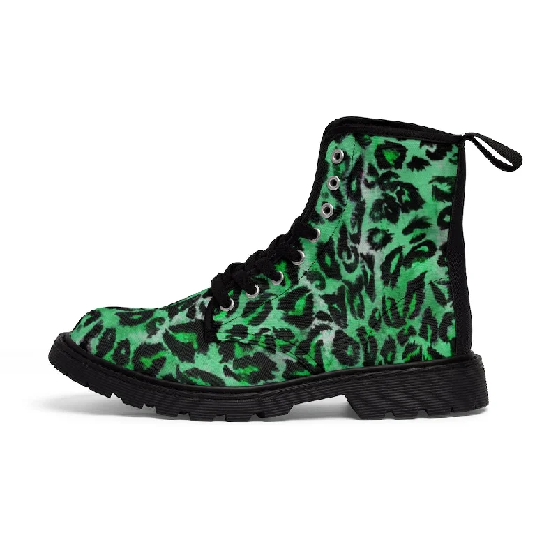 Green Leopard Print Men Hiker Boots, Animal Print Best Hunting Style Designer Men's Canvas Boots