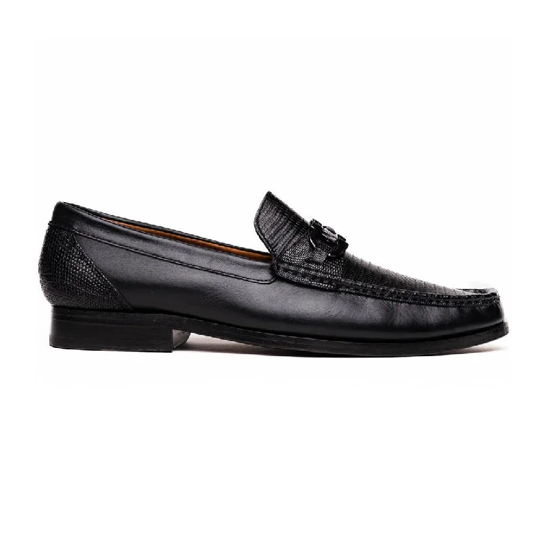 Marco Di Milano Enzo Men's Shoes Black Genuine Lizard Horsebit Loafers (MDM1156)