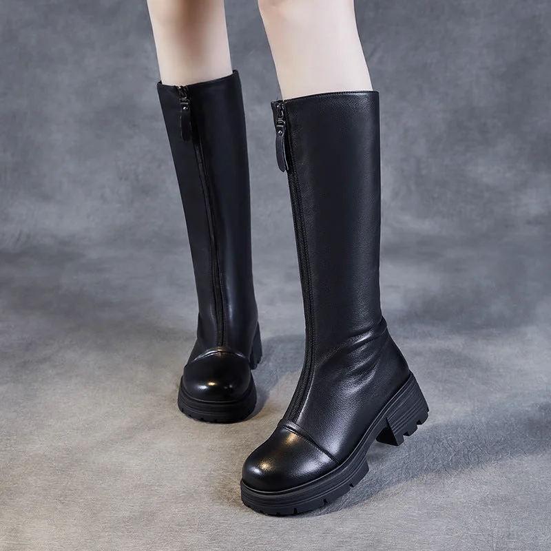 Women's Solid Leather Knee High Riding Boots