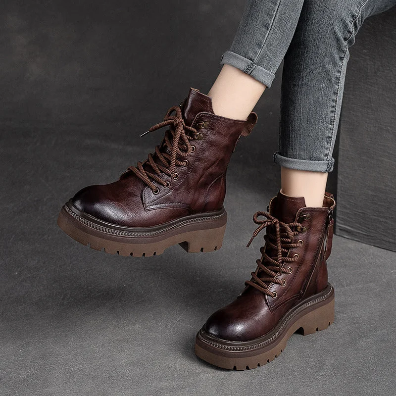 Women Classic Leather Thick Soled Combat Boots