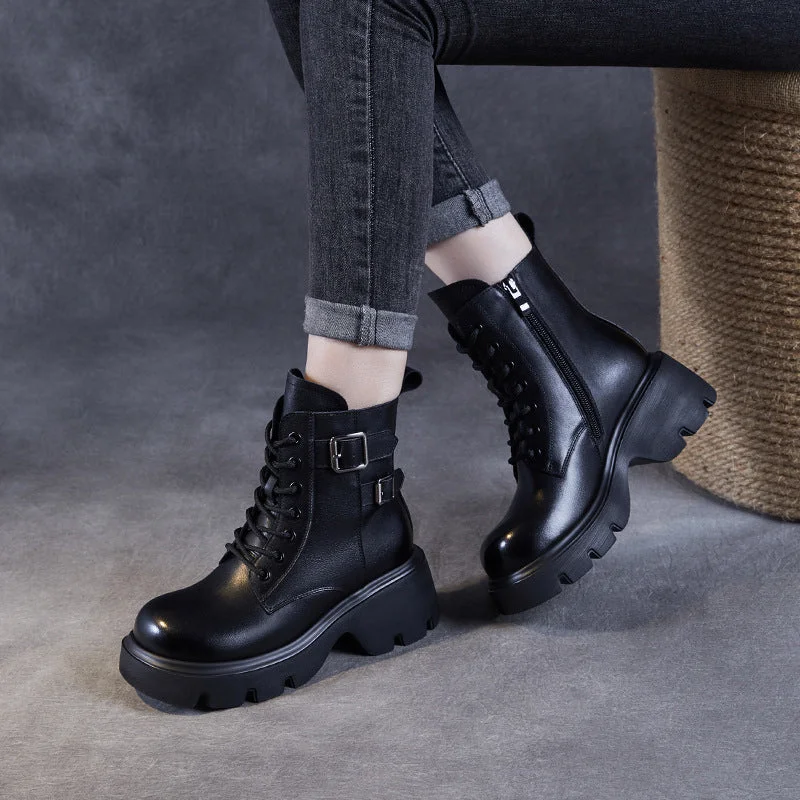 Women Solid Leather Fashion Leather Thick Soled Boots