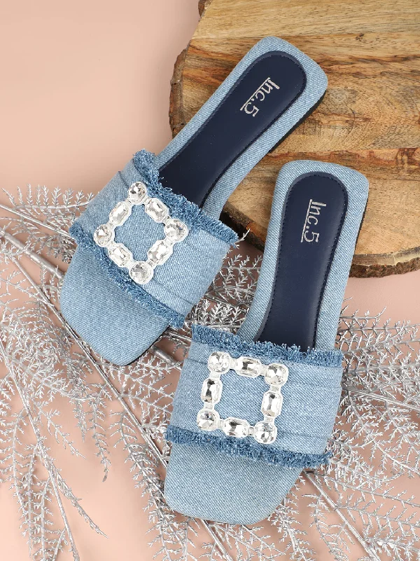 Women Blue & Silver-Toned Denim Buckle Detailed Open Toe Flats