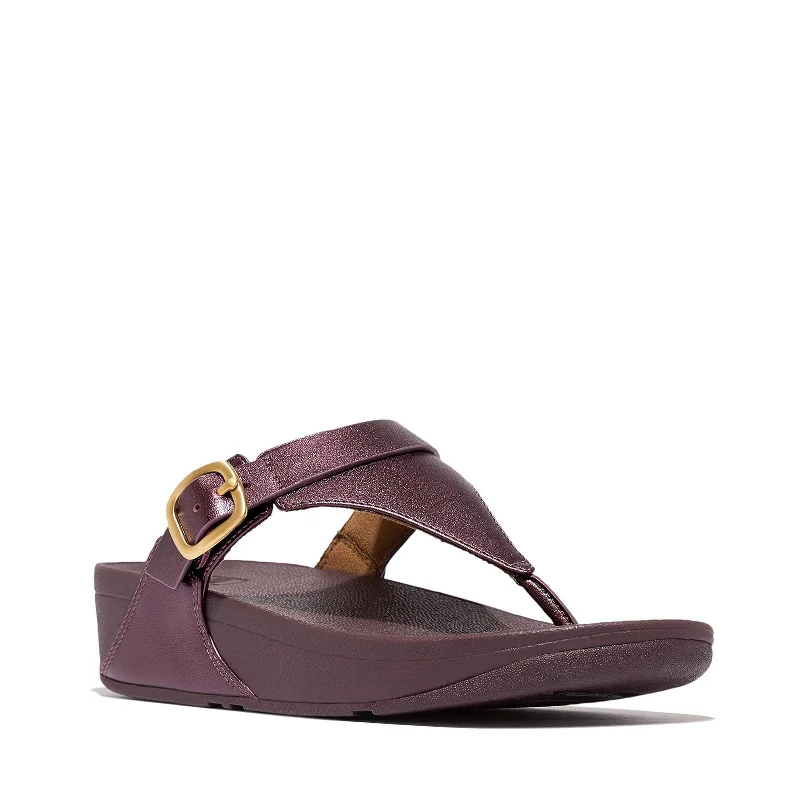 FitFlop Women's Lulu Adjustable-Buckle Leather Toe-Post Sandals Wedge, Metallic Mauve Wine