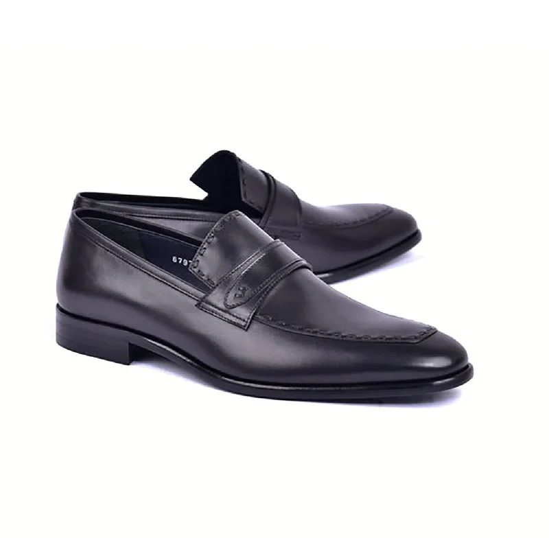 Corrente C0436-6797 Men's Shoes Black Calf-Skin Leather Dress Loafers (CRT1479)