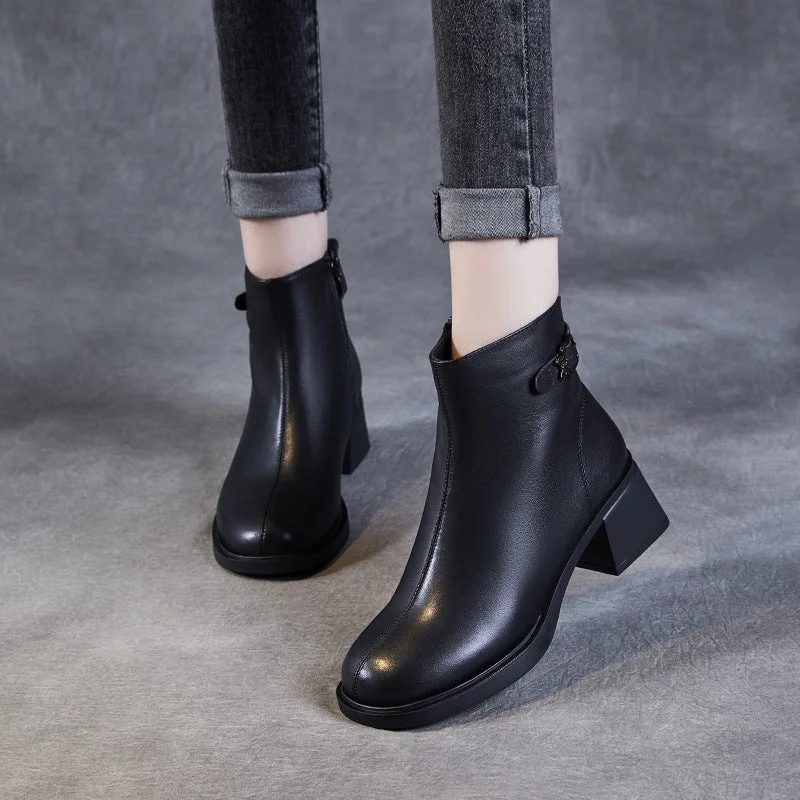 Women Minimalism Solid Leather Furred Chunky Heel Boots