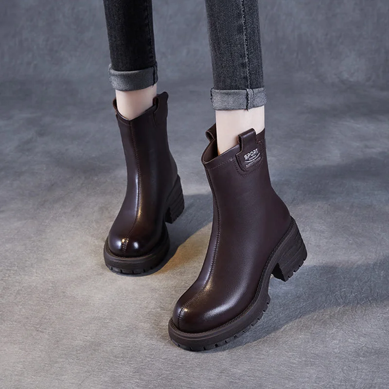 Women Retro Solid Soft Leather Low Block Boots