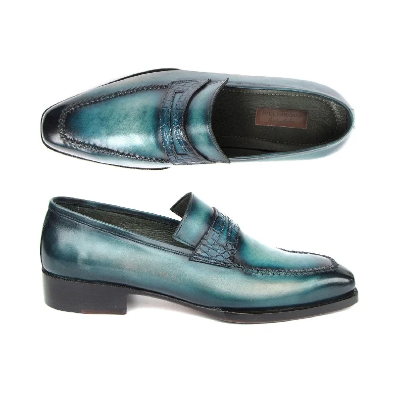 Paul Parkman 76944-TRQ Men's Shoes Turquoise Patina Leather Penny Loafers (PM6418)