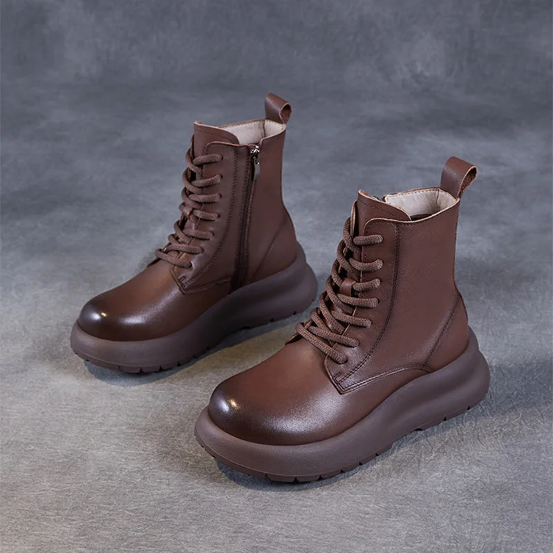 Women Vintage Solid Leather Thick Soled Boots