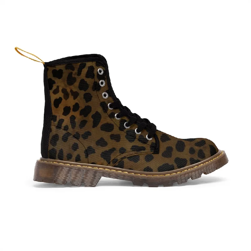 Dark Brown Cheetah Men Hiker Boots, Animal Print Best Designer Men's Canvas Boots Shoes