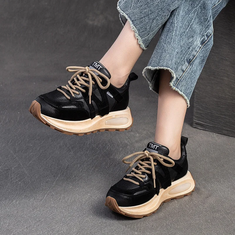 Women Retro Patchwork Leather Thick Soled Sneakers