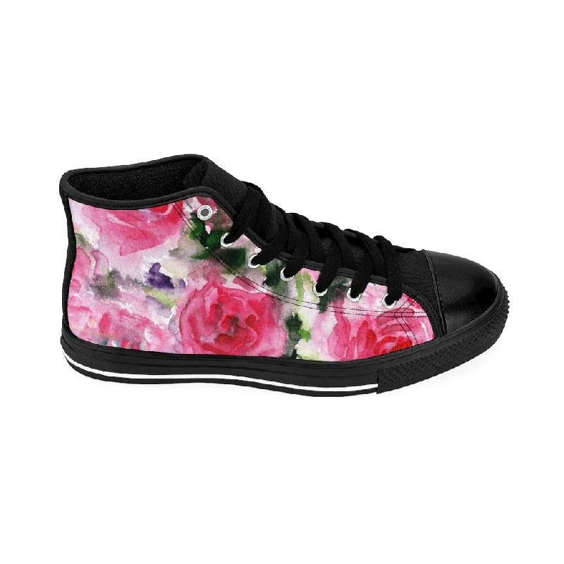 Pink Rose Men's High-top Sneakers, Floral Colorful Print Men's Designer Tennis Running Shoes