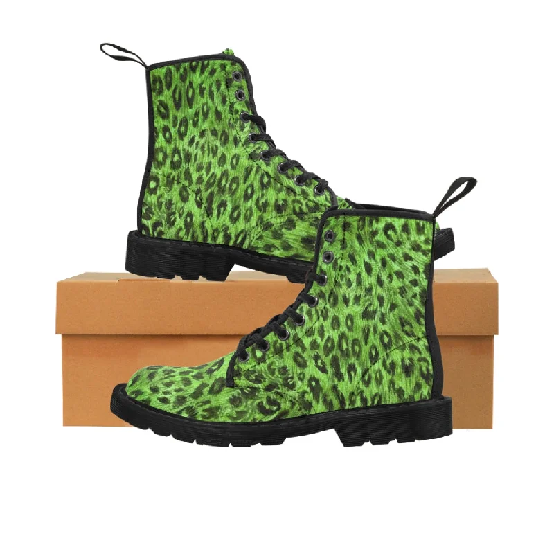 Green Leopard Men Hiker Boots, Designer Animal Print Men's Canvas Laced Up Best Boots