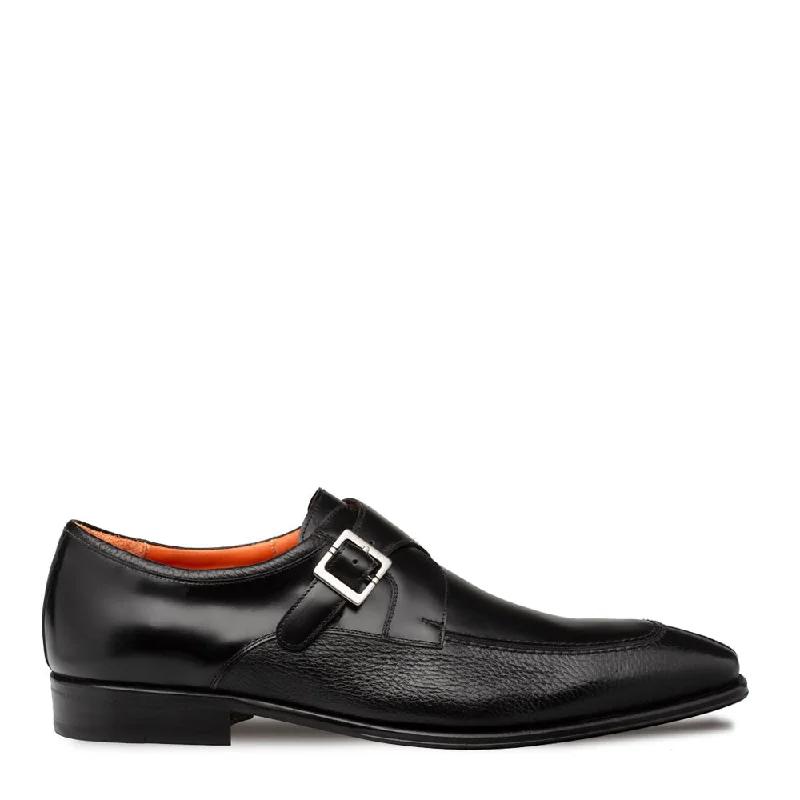 Mezlan Pego 21158 Men's Shoes Black Deer-Skin / Calf-Skin Leather Single Monk-Strap Loafers (MZ3703)