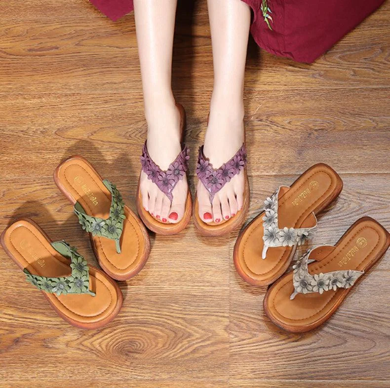 Ethnic style flowers flat leather flip flops female Mori girl sweets sandals and slippers