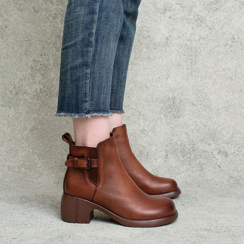 Women Handmade Casual Leather Chunky Heel Boots