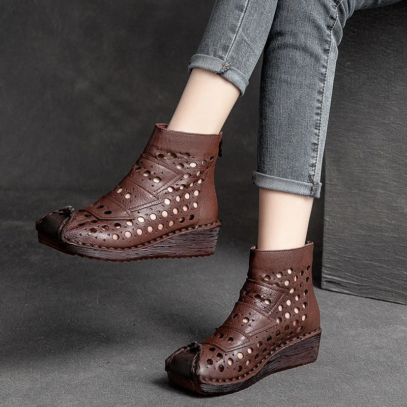 Women Summer Hollow Leather Low Wedge Boots