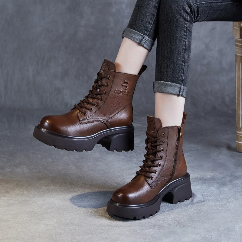 Women Vintage Solid Leather Fashion Platform Boots