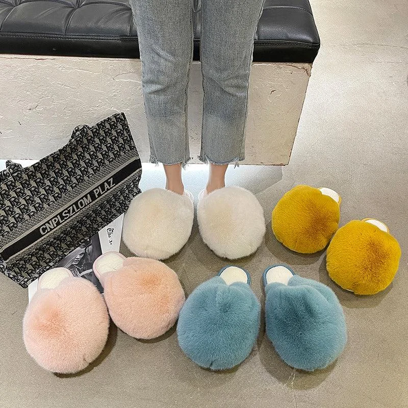 Women's Flat Bottom Half Slippers With Fur Toe Head