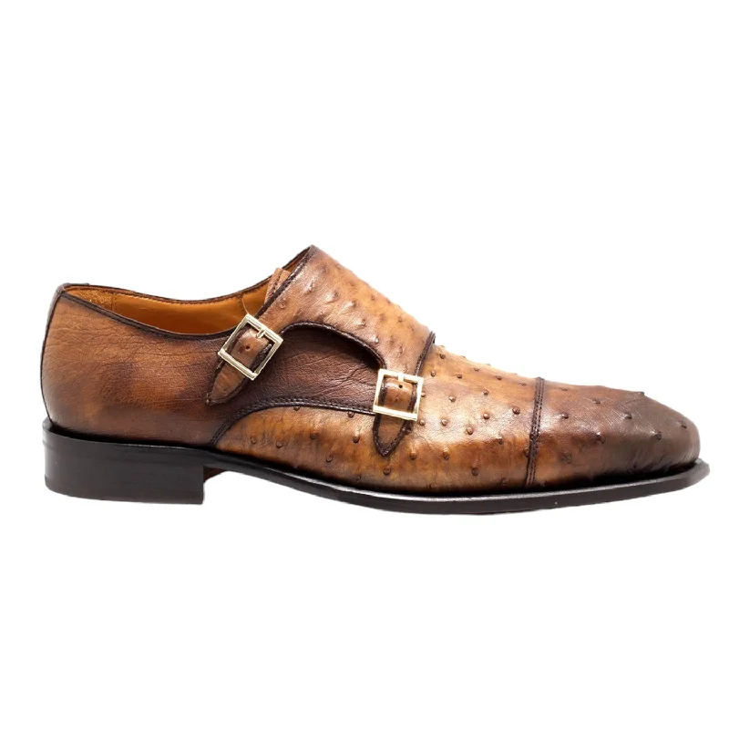 Mister Roma 40415 Men's Shoes Camel Exotic Ostrich-Skin Monk-Straps Loafers (MIS1146)