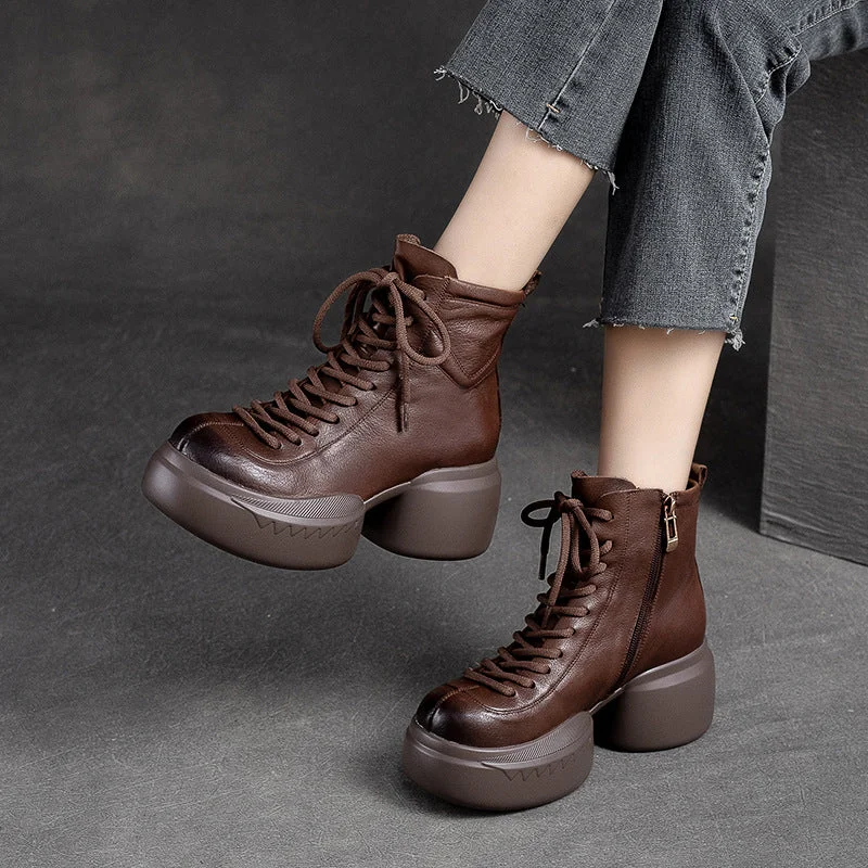 Women Retro Leather Casual Chunky Heel Boots