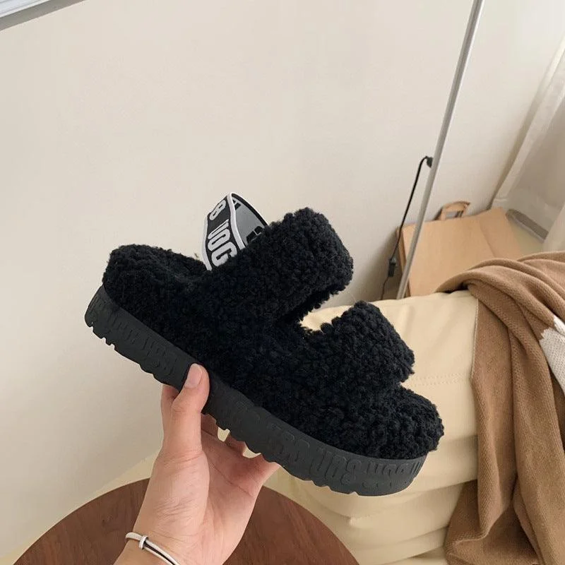 Autumn And Winter Furry Teddy Wool Sponge Cake Platform Slippers