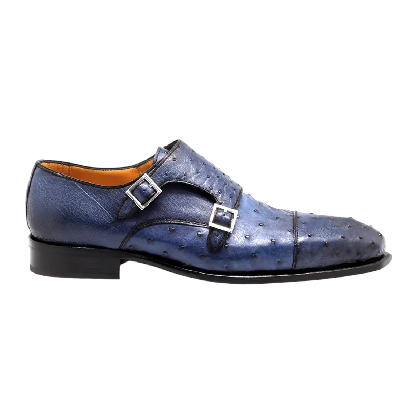 Mister Piles 40415 Men's Shoes Azure Blue Exotic Ostrich-Skin Monk-Straps Loafers (MIS1144)