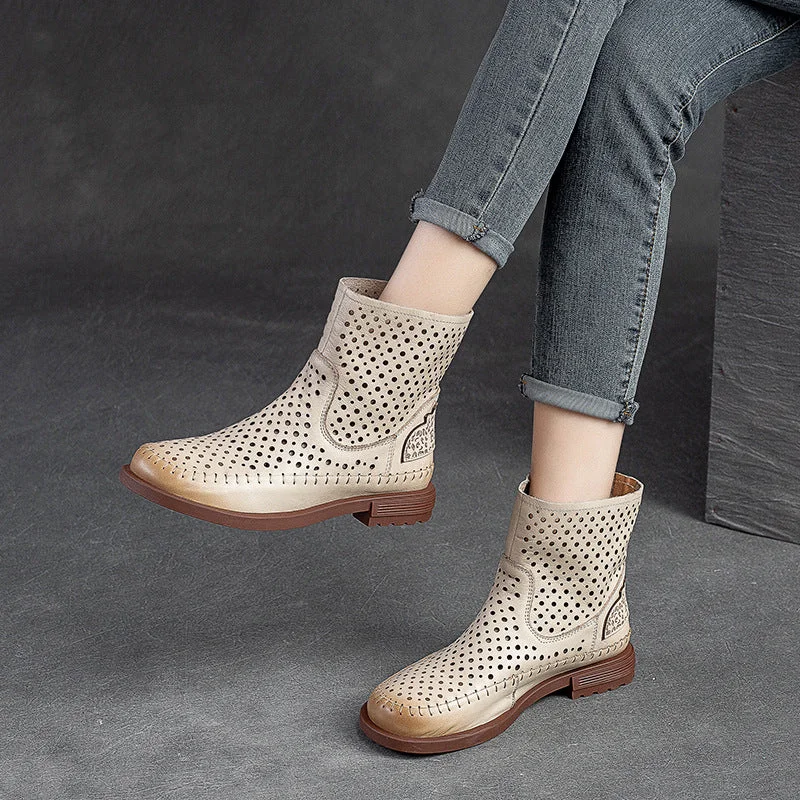 Women Summer Retro Hollow Leather Flat Boots