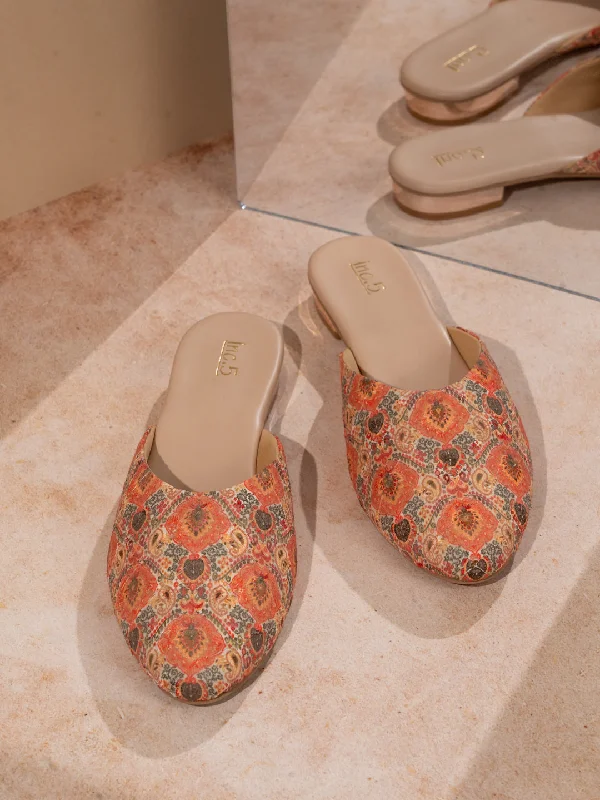 Womens Orange Ethnic Embellished Round Toe Flats