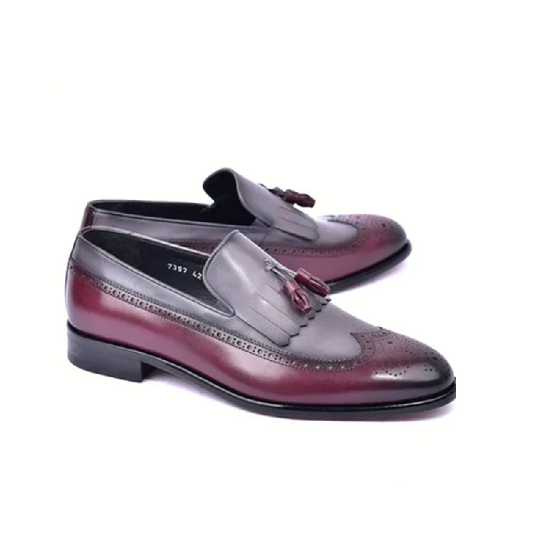 Corrente C00018-7397 Men's Shoes Burgundy & Gray Calf-Skin Leather Wingtip Kiltie tassels Loafers (CRT1493)