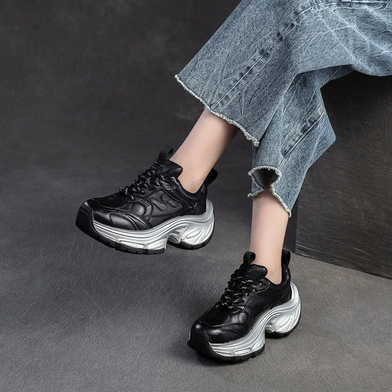 Women Vintage Casual Leather Chunky Platform Sneakers