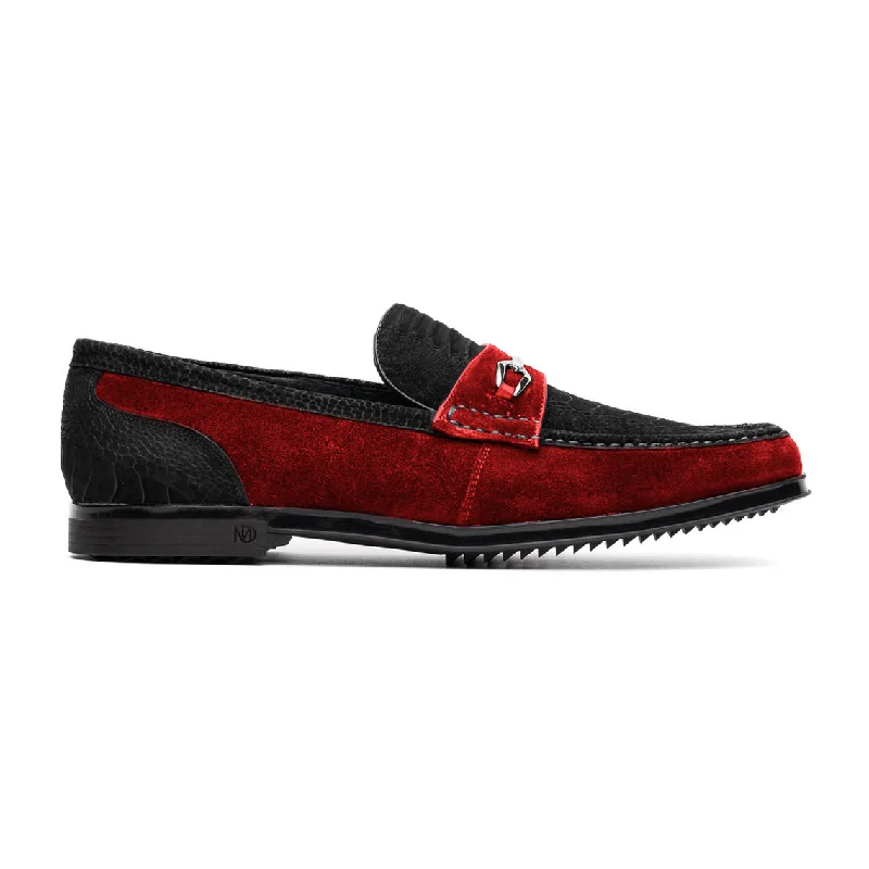 Marco Di Milano Hugo Men's Shoes Black & Red Suede / Ostrich Leg Horsebit Loafers (MDM1065)