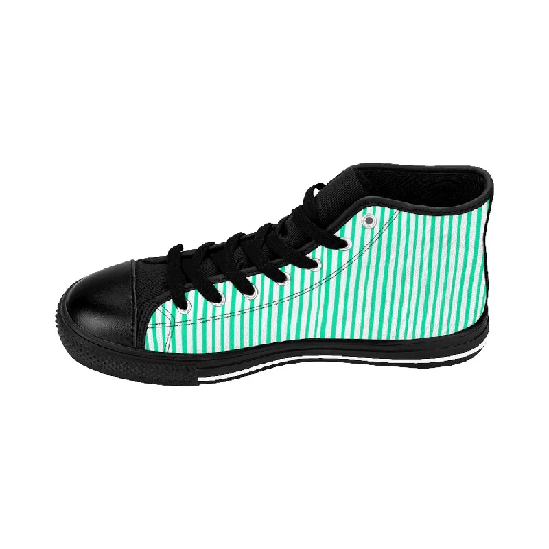 Turquoise Striped Men's Tennis Shoes,High-top Sneakers, Blue Stripes Running Shoes For Men